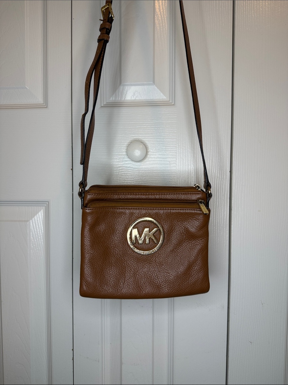 Michael Kors Cognac Leather MK Logo Crossbody Bag